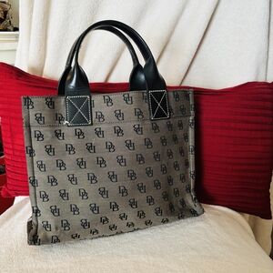 Dooney & Bourke Beige DB Monogram Tote with Black Leather Handles